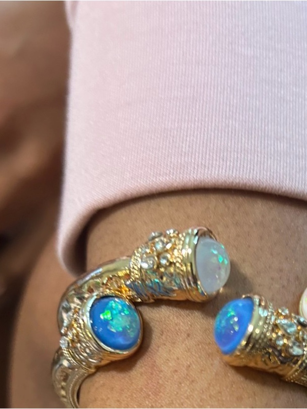 Gold Opal Cuff Bracelet with Blue and White Opal Stones